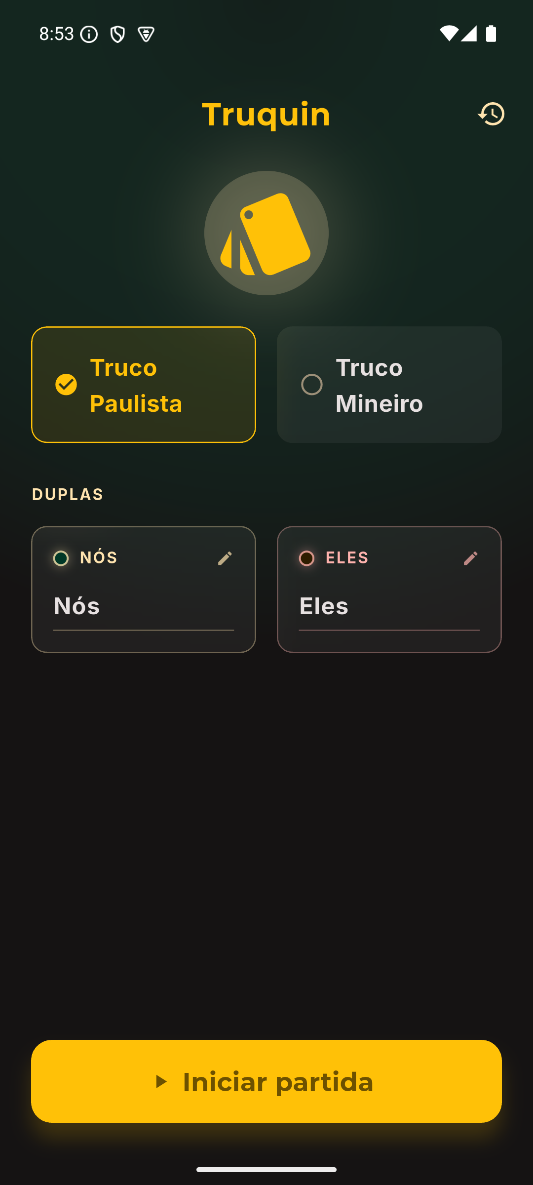 Tela inicial com escolha entre Truco Paulista e Mineiro